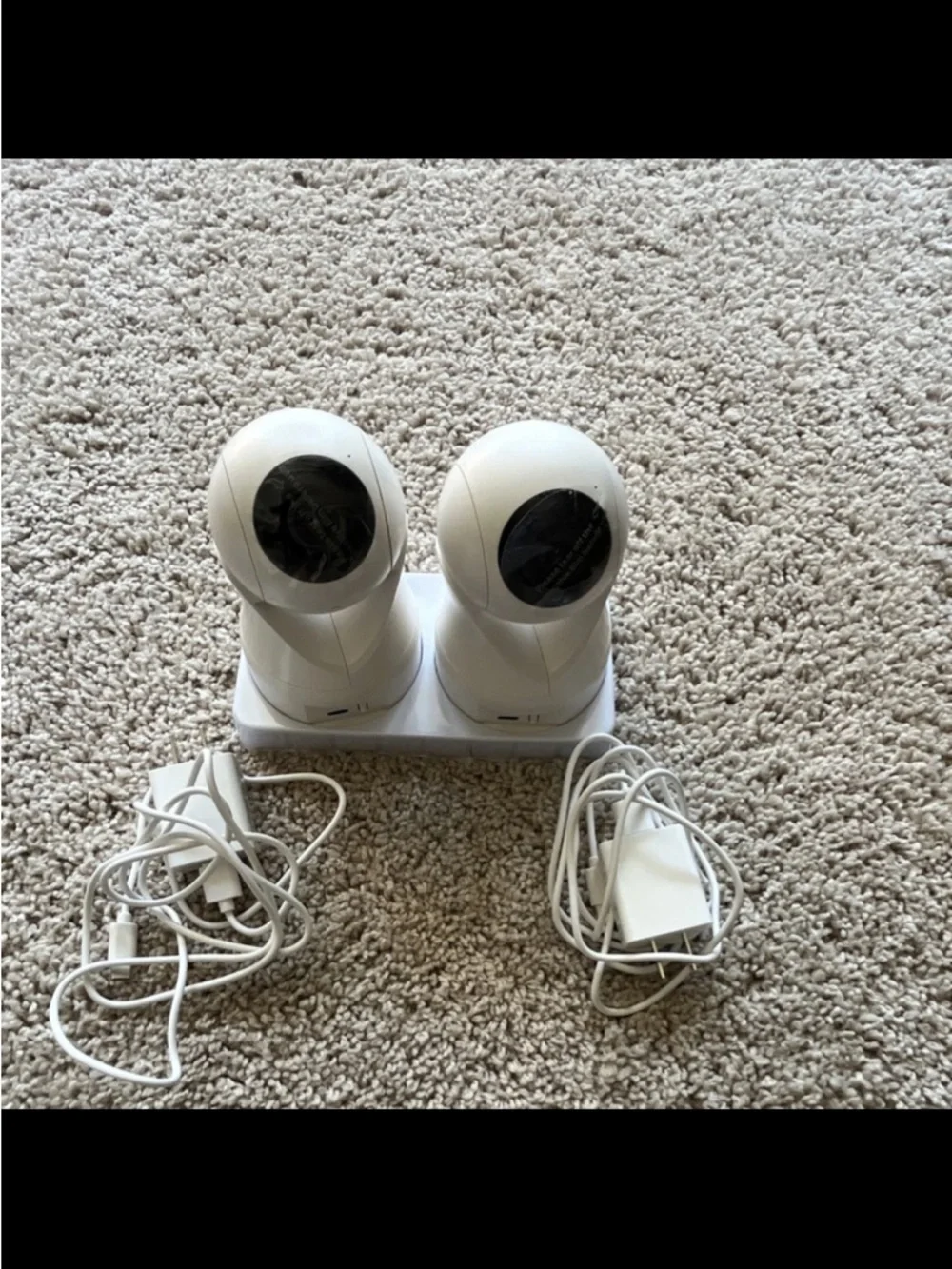 Dual White Indoor Security Cameras with Charging Dock